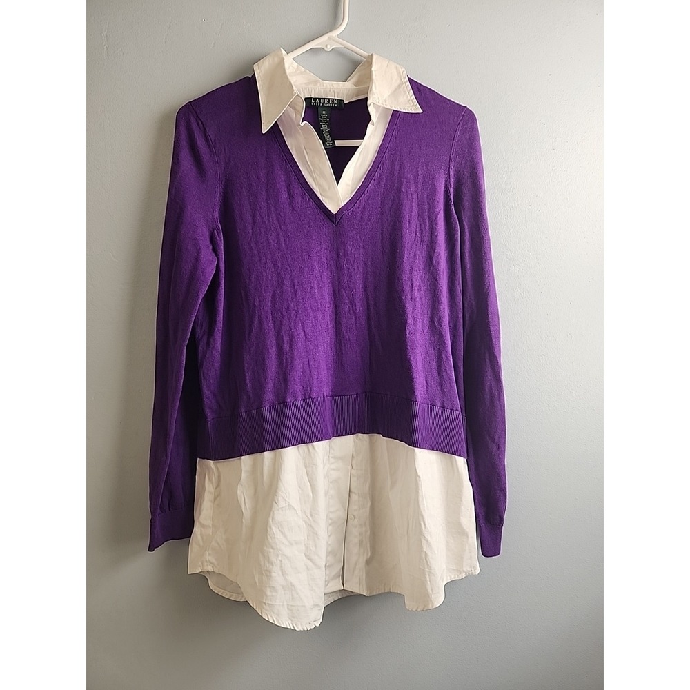NWT - RALPH LAUREN Women's M OVERLAY Layered Long Brilliant Purple‎ SWEATER